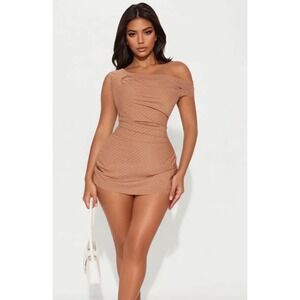 Fashion Nova Taking Notes Pinstripe Skort Romper Mocha One Shoulder NWT